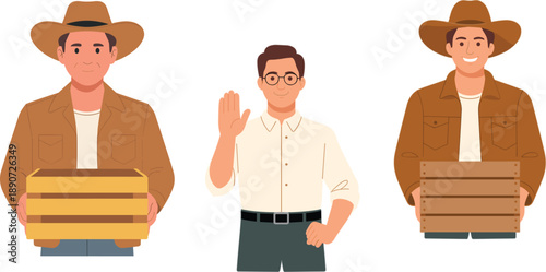 Professional farmer character set wearing hats and holding wooden crates for agriculture harvest organic farming and local food production concept flat vector illustration