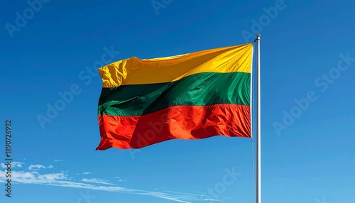National flag of Lithuania waving in the wind against a clear blue sky