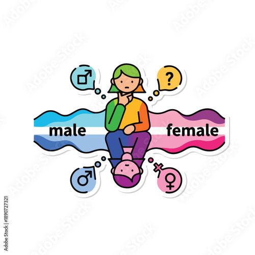 A cartoon person sits between male and female symbols