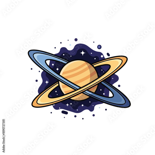 A cartoon planet with yellow and blue rings