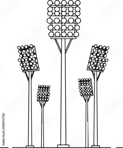 Vector line art depicting five stadium floodlight towers of varying heights. The minimalist black-and-white illustration features clusters of circular lamps atop tall industrial poles.