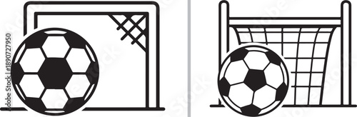 Vector icons featuring a soccer ball in front of a goal net. Includes a minimalist, bold line version and a more detailed illustrative style representing a score or game.