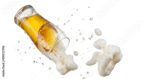 a glass of beer spilling with foam and droplets, captured in motion with a dark background, illustrating a refreshing drink and accidental spills in dynamic action.