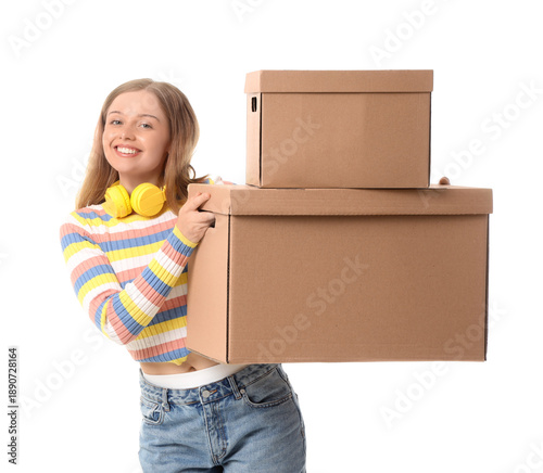 Young woman with cardboard ...