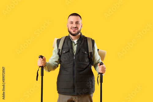 Young man with walking pole...