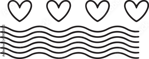 Four heart shapes above wavy lines. love and water connection. romantic ocean background