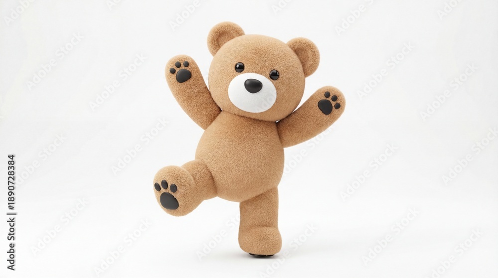 Fototapeta premium Joyful Teddy Bear Dancing with Arms Up on White Background.