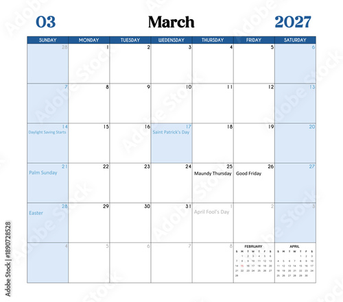 March Month 2027 Calendar Page with Holidays and Celebrations of the United States.