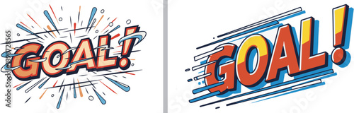 Dynamic comic-style "GOAL!" typography in vibrant orange and yellow. Features explosive action lines and speed streaks, perfect for sports broadcasts, gaming, and energetic fan celebrations.