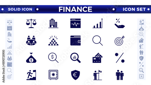 Finance solid icon set with money, bank, check, law, auction, exchange, payment, wallet, deposit, piggy, calculator, Business, Profit, Investment, Bank,  web icon.