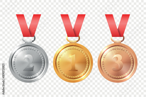Vector 3d Realistic Gold, Silver, Bronze Medal Set, Isolated. Award Medals for Sport. Medal Icon, Isolated. Medal Badges. Winner First Second Third Place Trophy Design Template for Championship