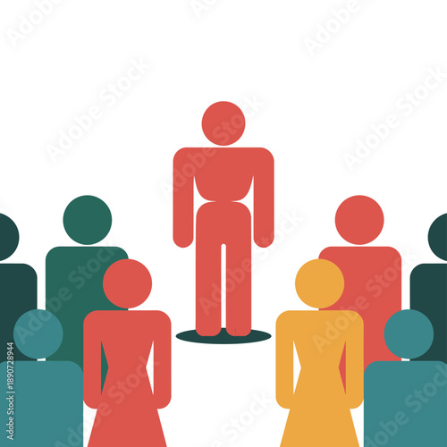 A diverse group of colorful people icons standing together in a crowd with one person standing out