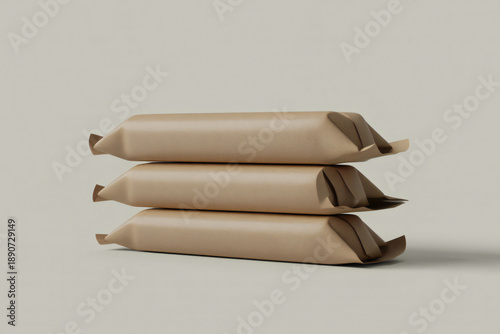 Stack of three brown paper bags with sealed ends