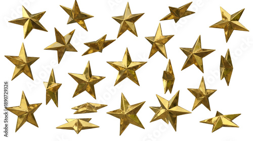 Photos an abundant scattering of numerous gleaming golden stars of various sizes, artfully arranged across a solid transparent background, symbolizing excellence and success