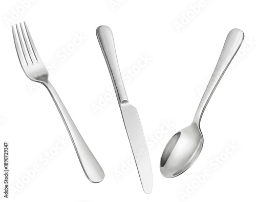 Schilderij op canvas a clear, high-resolution photograph displays a fork, knife, and spoon artfully positioned diagonally on a deep transparent background, highlighting their polished metal surfaces and refined form