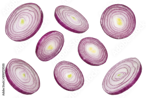 Fotografija sliced red onion rings with distinct concentric circles and vibrant purple layers, artfully arranged on a transparent background, ideal for culinary presentations and graphic design projects
