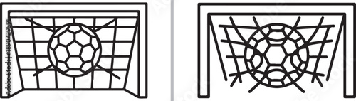 Two-panel vector set showing a soccer ball hitting the back of a net. The left features a structured rectangular grid, while the right shows a dynamic, distorted net impact.