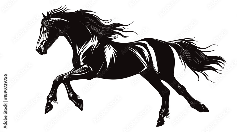 Obraz premium Black Horse Running with Flowing Mane.