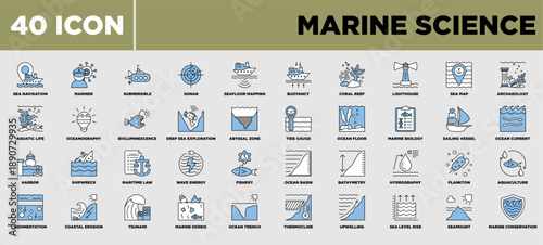 Marine Science Icon Set Blue Black