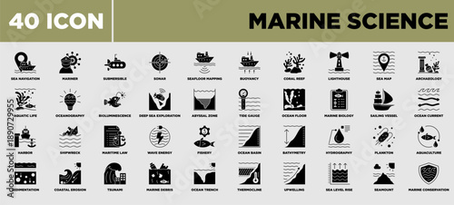 Marine Science Icon Set Glyph Black