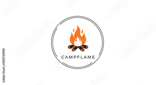 Campfire logo with flame and wood.