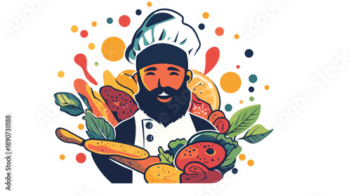 Chef with Beard Holding Kitchen Utensils.