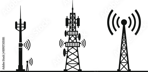 Black silhouette icons of telecommunication towers radio masts and cellular base stations with signal waves isolated on a white background