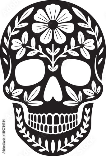 Decorative Skull Silhouette – Floral Skull Vector Black on White