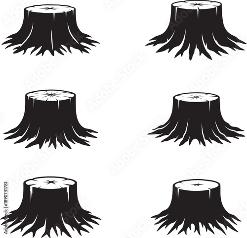 Six black tree stump illustrations in silhouette style