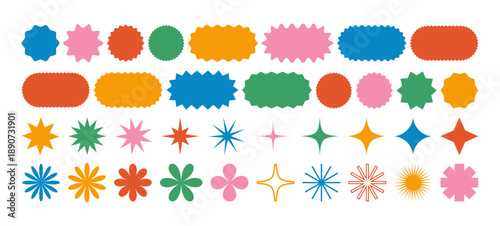 Abstract Zigzag Border Shape Stickers. Vector Icon Frames with Scallop Edges. Retro Design of Round, Star and Flower Shaped Labels.