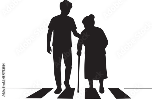Silhouette of a Young Person Assisting an Elderly Woman with a Walking Stick Across a Pedestrian Crossing, Symbolizing Care, Support, and Intergenerational Help