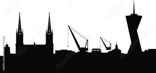 European city skyline silhouette with cathedral spires and industrial harbor cranes by river