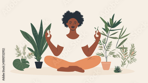 Woman Meditating Surrounded by Potted Plants.
