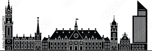 European city skyline with historic architecture bell towers and modern skyscraper silhouette