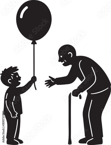 Young Boy Sharing Balloon with Elderly Man, Intergenerational Kindness, Childhood Joy, Senior Connection