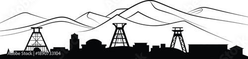 Industrial mining heritage skyline silhouette with headframes and mountains in background art