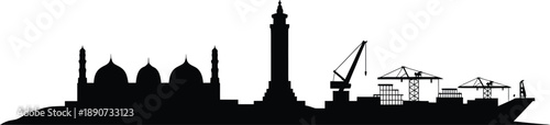 Islamic city skyline silhouette featuring mosque domes and industrial shipping port harbor