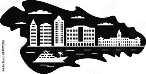 Jamaican map silhouette with city skyline and luxury yacht on water in black and white vector