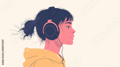 Woman Wearing Headphones Profile View.