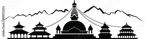 Kathmandu silhouette skyline with bouddhanath stupa and himalayan mountains and nepali temples