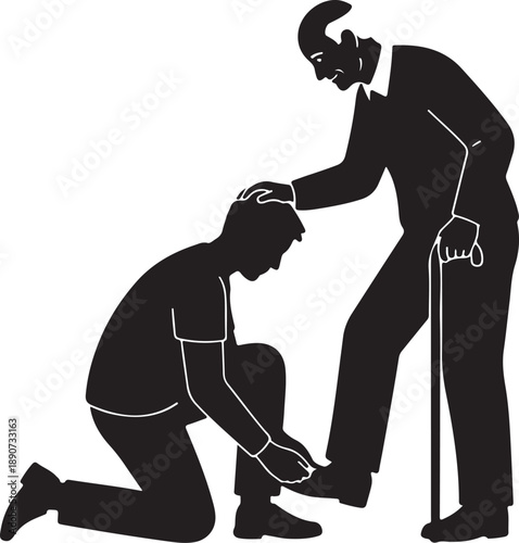 Compassionate young person helping an elderly man with his shoelace, a gesture of care, respect, and intergenerational support