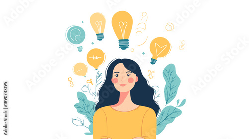 Woman with Light Bulbs Above Head.