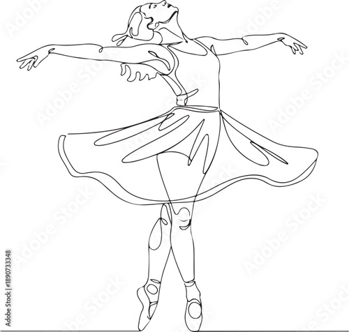 Elegant Ballerina Dancer in Continuous Line Art, Graceful Ballet Pose with Soft Watercolor Accents, Minimalist Artistic Illustration