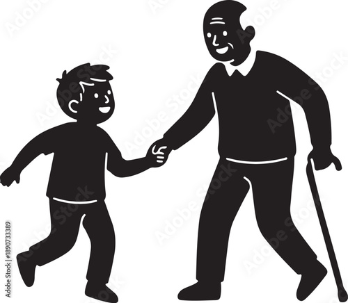 Grandfather and grandson walking hand in hand, depicting intergenerational family bond, support, and companionship in a simple silhouette vector illustration