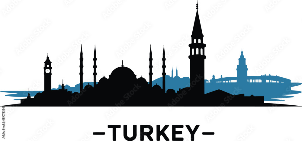 Fototapeta premium Turkey city skyline silhouette featuring historical mosques and clock towers for travel poster