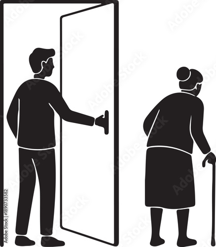 Kindness and Respect Man Holds Door Open for Senior Woman with Cane, Symbolizing Help and Care for the Elderly