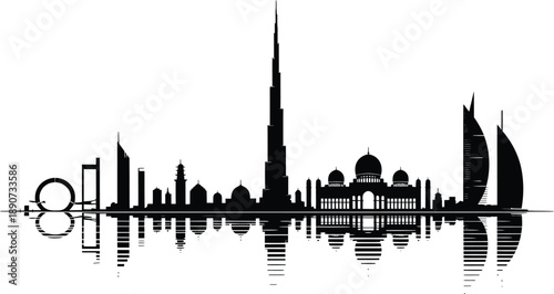 United Arab Emirates skyline silhouette with burj khalifa and water reflection vector design