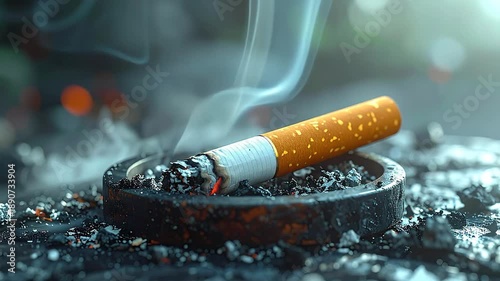 Close-up of a lit cigarette in an ashtray with smoke rising, representing addiction.