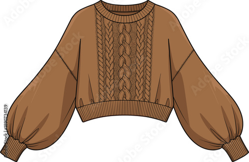 Brown Women's Cropped Cable Knit Sweater Vector Illustration Featuring Oversized Lantern Sleeves Ribbed Trims and Crew Neck Fashion Technical Flat