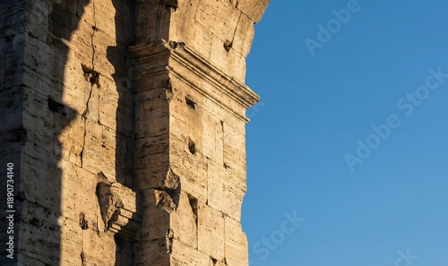 Detailed view of ancient Roman stone architecture bathed in warm sunlight against a vibrant blue sky.